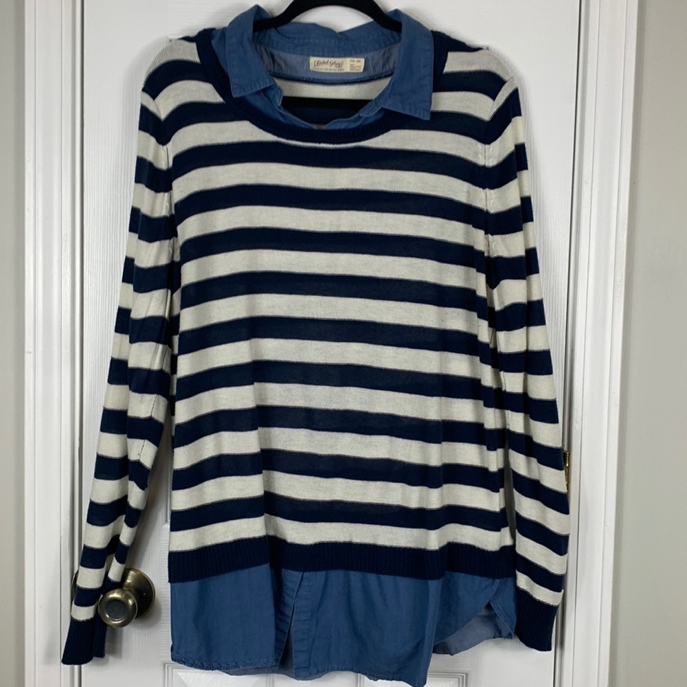 Faded Glory navy blue/white striped long sleeved sweater faux chambray shirt XXL